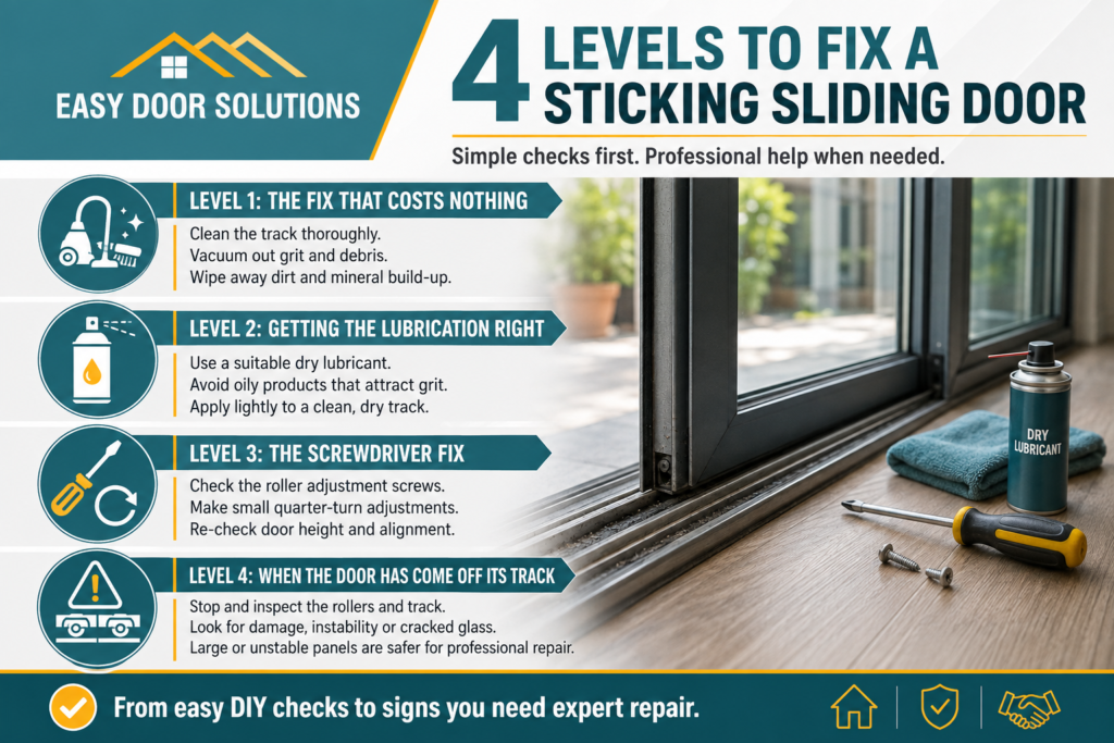 4 levels to fix a sticking slinding door